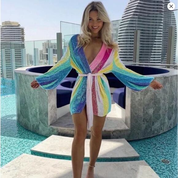 NEW! Retrofete Gabrielle Sequin Robe Mini Dress Unicorn Rainbow Stripe - Picture 1 of 9